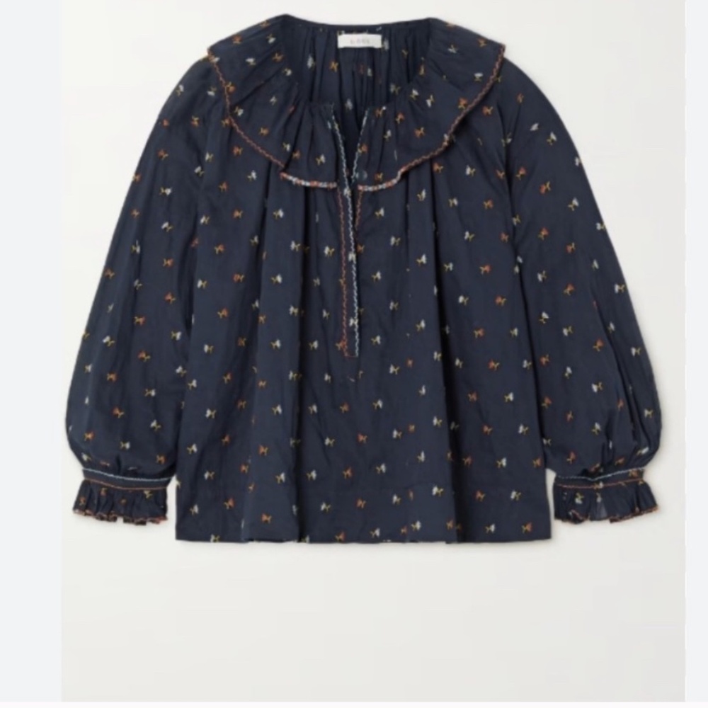 Doen Navy Peasant Blouse with Gold and Cream Embroidery